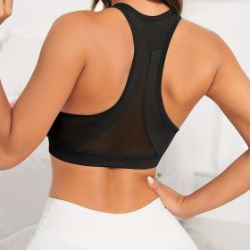 Green Solid Color Breathable Mesh Stitching Tank Top, Sports Yoga Fitness Bra (Color: black, size: S)