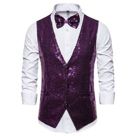 Men's Sequin Vest Shiny Suit Vest V-neck Party Dress (Color: Purple, size: M)