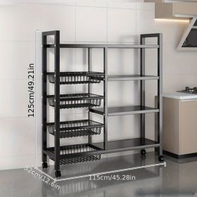 4-layer rolling mesh basket storage rack, universal roller skates for easy cleaning and storage, vegetable basket storage rack, kitchen storage rack (Color: black, size: 115cm)